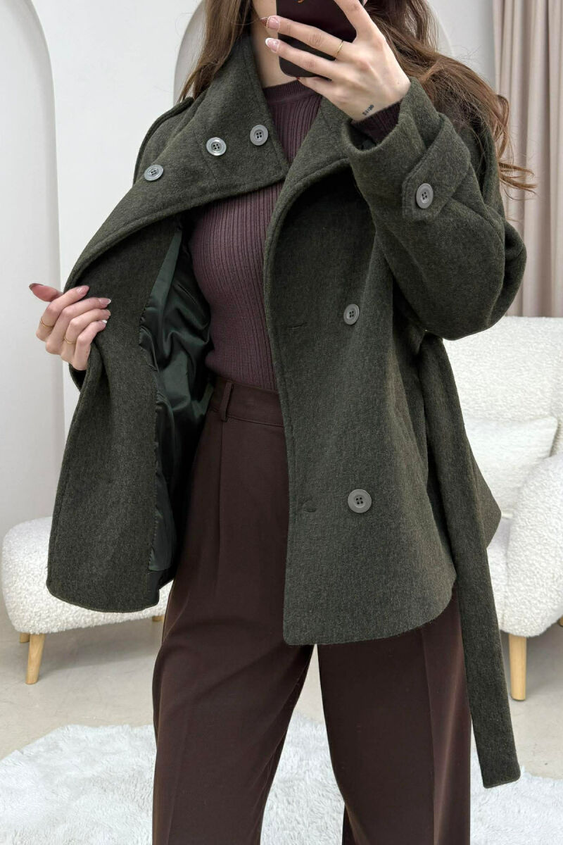 ONE COLOR BUTTONED WOMAN COAT WITH BELT DARK GREEN/JEE - 5