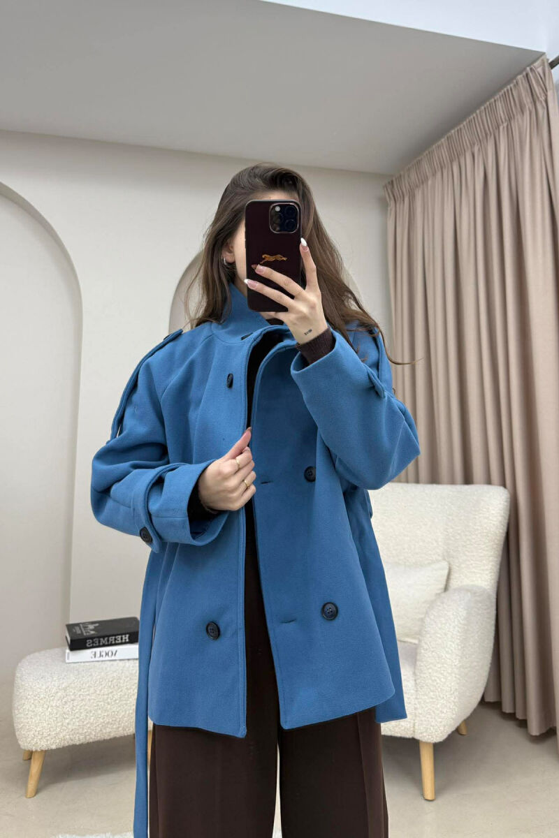 ONE COLOR BUTTONED WOMAN COAT WITH BELT LIGHTBLUE/BZ - 4