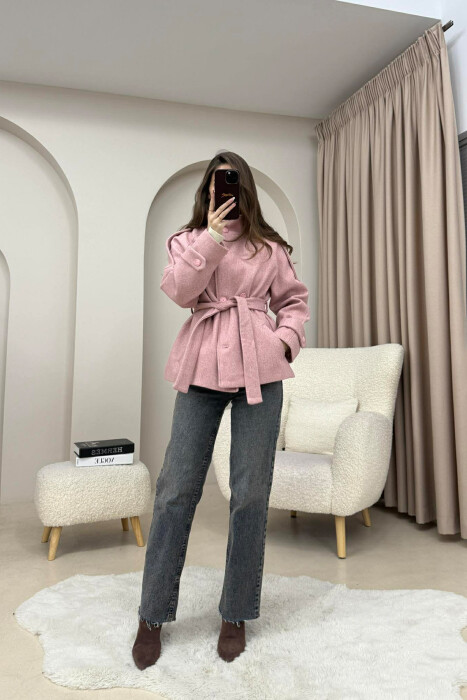 ONE COLOR BUTTONED WOMAN COAT WITH BELT POWDER/PUDER - 2