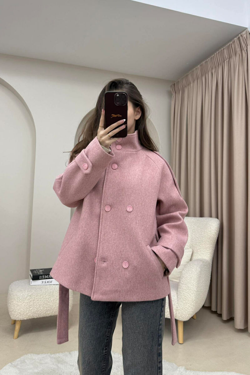ONE COLOR BUTTONED WOMAN COAT WITH BELT POWDER/PUDER - 3