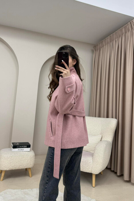 ONE COLOR BUTTONED WOMAN COAT WITH BELT POWDER/PUDER - 4