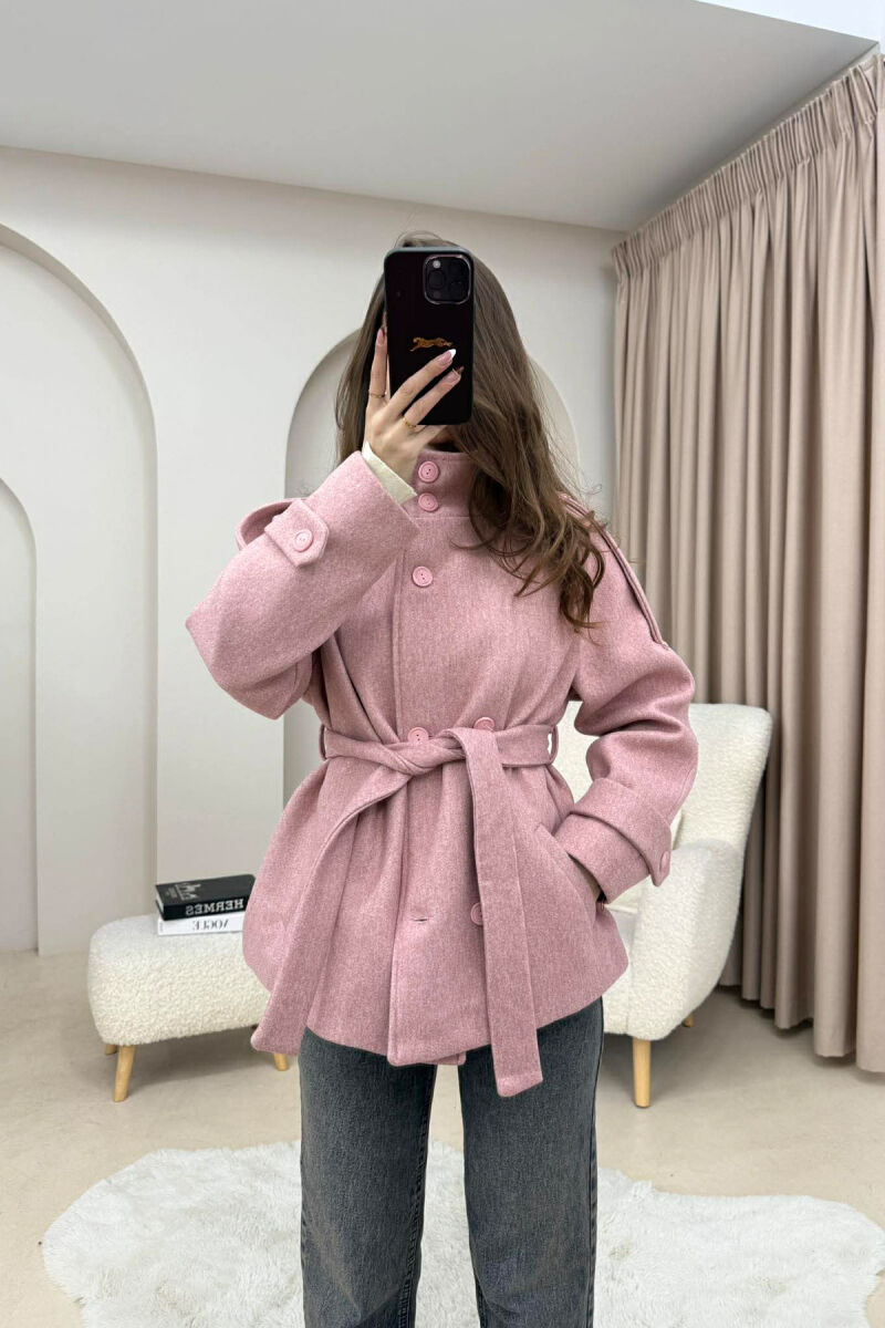 ONE COLOR BUTTONED WOMAN COAT WITH BELT POWDER/PUDER - 1