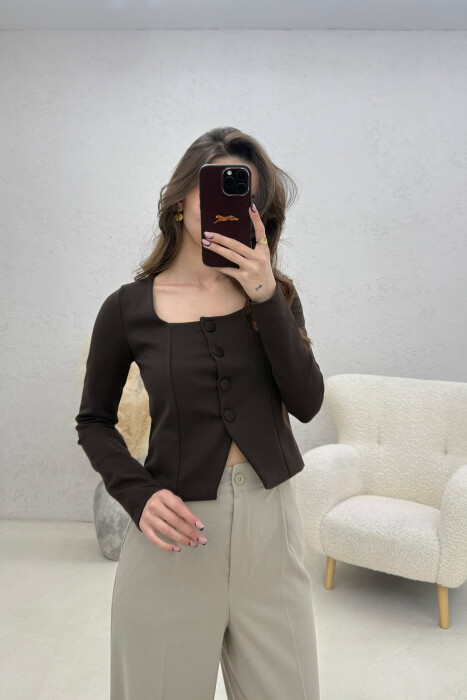 ONE COLOR BUTTONED WOMAN JACKET BROWN/KAFE - KLAUDIO FASHION