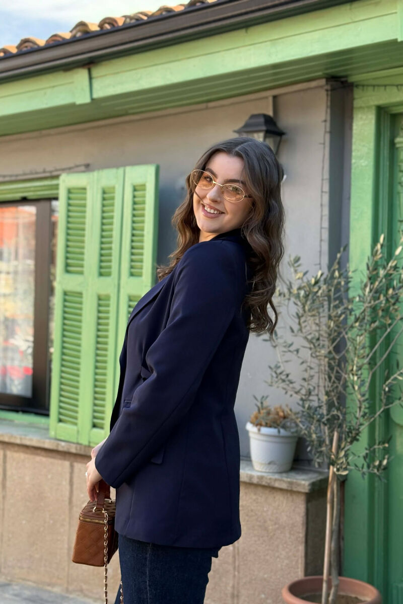 ONE COLOR BUTTONED WOMAN JACKET DARK BLUE/BEE - 2