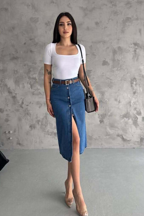 ONE COLOR BUTTONED WOMAN SKIRT BLUE/BLU - KLAUDIO FASHION