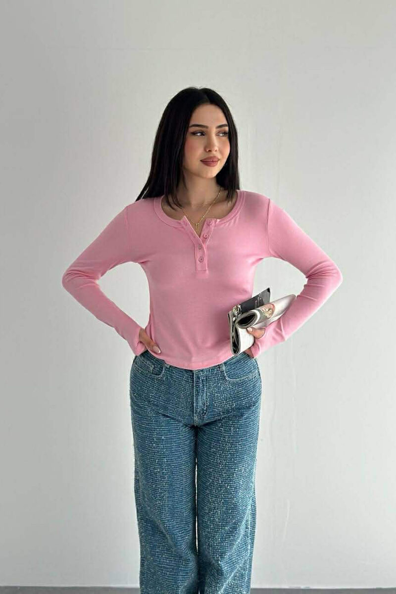 ONE COLOR BUTTONED WOMAN SWEATSHIRT PINK/ROZE - 1