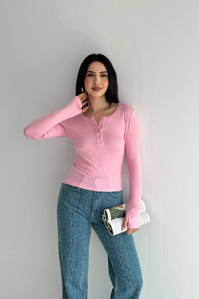 ONE COLOR BUTTONED WOMAN SWEATSHIRT PINK/ROZE - 3