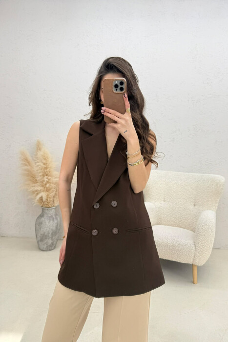 ONE COLOR BUTTONED WOMAN VEST BROWN/KAFE - KLAUDIO FASHION
