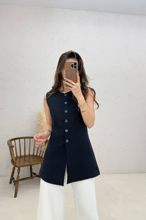 ONE COLOR BUTTONED WOMAN VEST DARK BLUE/BEE - 2