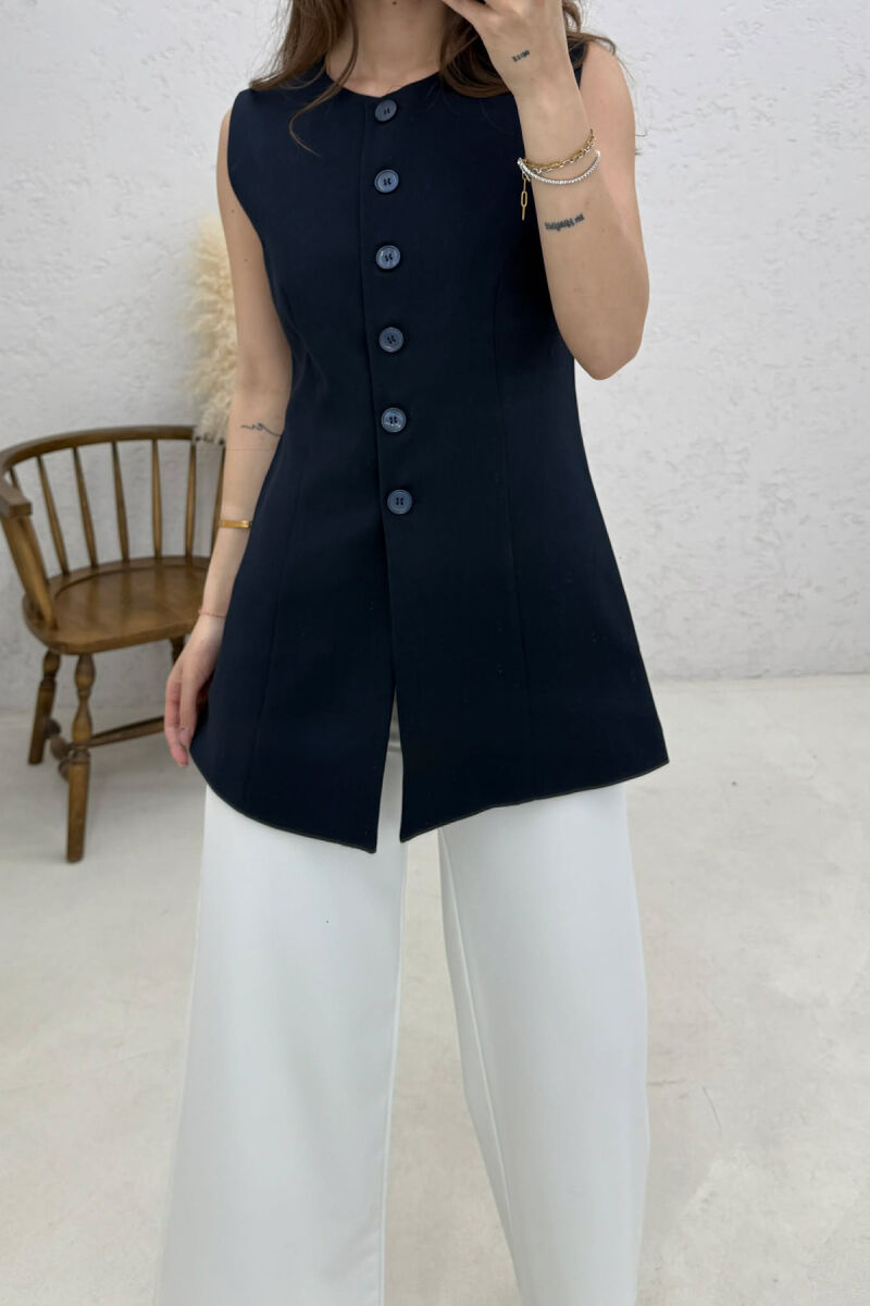 ONE COLOR BUTTONED WOMAN VEST DARK BLUE/BEE - 3