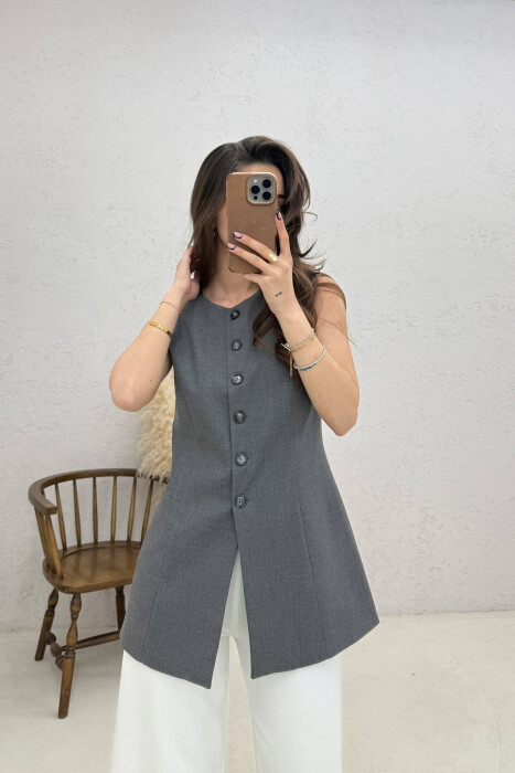 ONE COLOR BUTTONED WOMAN VEST DARK GREY/GEE - 2