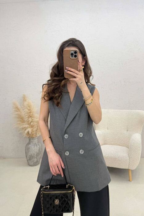 ONE COLOR BUTTONED WOMAN VEST GREY/GRI - KLAUDIO FASHION