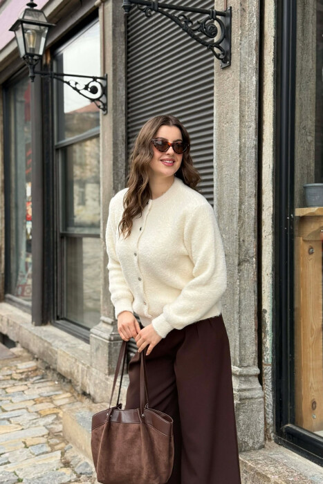 ONE COLOR BUTTONED WOMEN CARDIGAN CREAM/KREM - 2