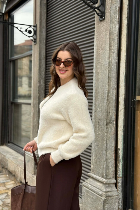 ONE COLOR BUTTONED WOMEN CARDIGAN CREAM/KREM - 3