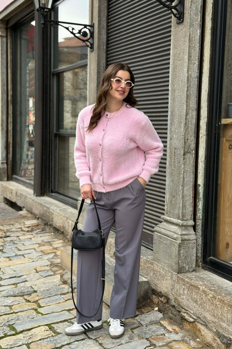 ONE COLOR BUTTONED WOMEN CARDIGAN PINK/ROZE - 4