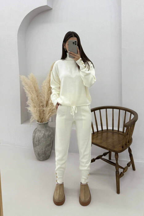 TURTLE NECK SWEATER+TROUSERS KNIT WOMEN SET CREAM/KREM - 2