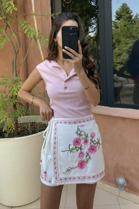 ONE COLOR BUTTONED WOMEN TANK TOP BABY PINK/ROZB - 1