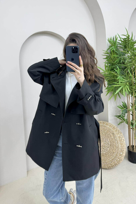 ONE COLOR BUTTONS DETAIL LACING WOMEN JACKET BLACK/ E ZEZE 