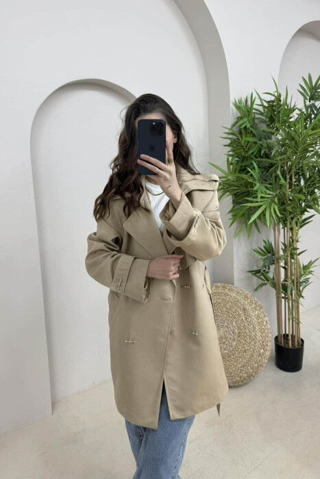 ONE COLOR BUTTONS DETAIL LACING WOMEN JACKET DARK BEIGE/BEZHE ERRET - 2