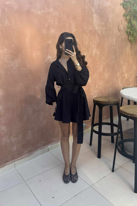 ONE COLOR BUTTONS LACING WOMEN JUMPSUIT BLACK/ E ZEZE - KLAUDIO FASHION