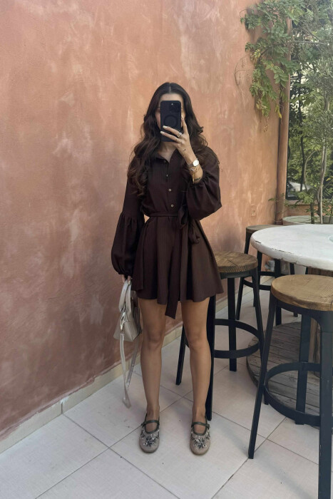 ONE COLOR BUTTONS LACING WOMEN JUMPSUIT BROWN/KAFE - 1