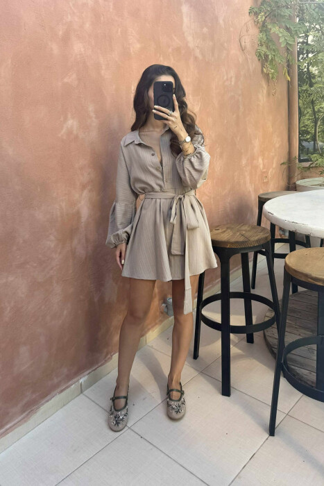 ONE COLOR BUTTONS LACING WOMEN JUMPSUIT LIGHT BROWN/KAZB - KLAUDIO FASHION