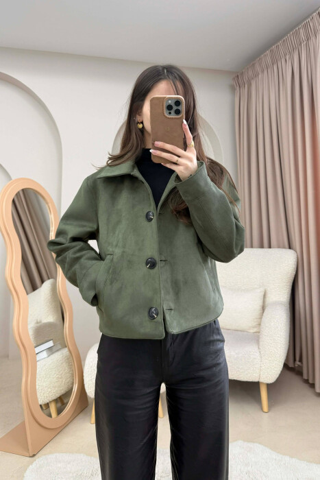 ONE COLOR BUTTONS SUEDE WOMAN JACKET OLIVE/ULLI 