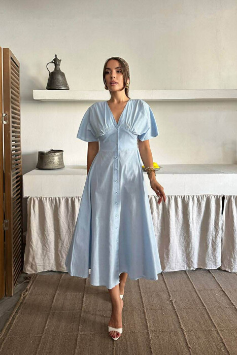 ONE COLOR BUTTONS V NECK WOMAN DRESS BABY BLUE/BLU BY - 1