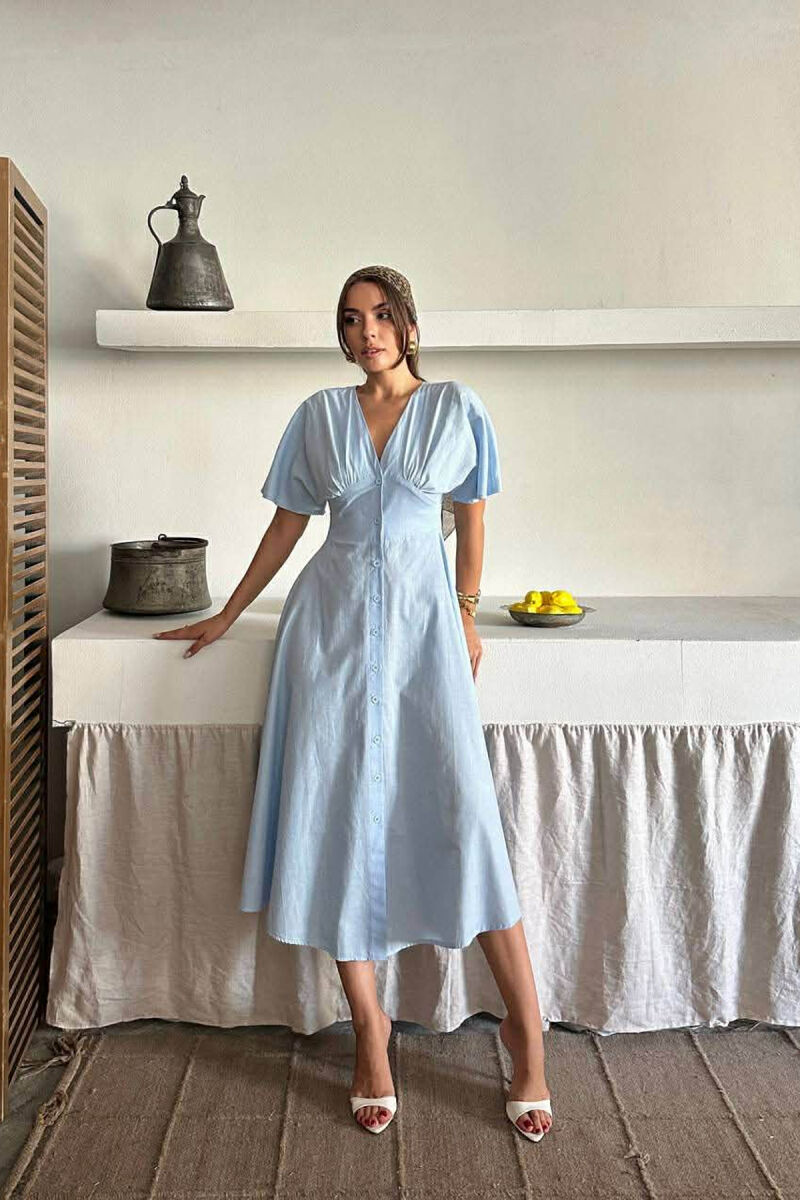 ONE COLOR BUTTONS V NECK WOMAN DRESS BABY BLUE/BLU BY - 2