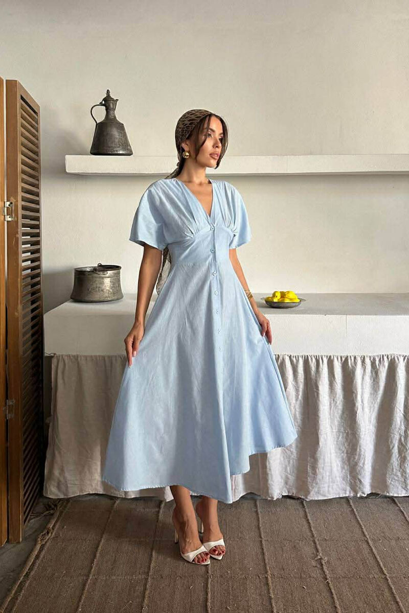ONE COLOR BUTTONS V NECK WOMAN DRESS BABY BLUE/BLU BY - 3