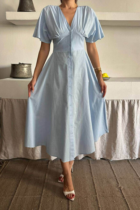 ONE COLOR BUTTONS V NECK WOMAN DRESS BABY BLUE/BLU BY - 4