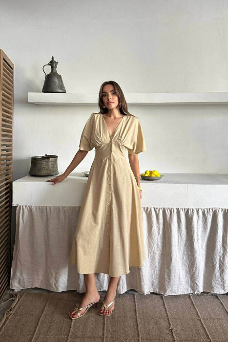 ONE COLOR BUTTONS V NECK WOMAN DRESS BEIGE/BEZHE 