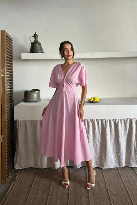 ONE COLOR BUTTONS V NECK WOMAN DRESS PINK/ROZE 