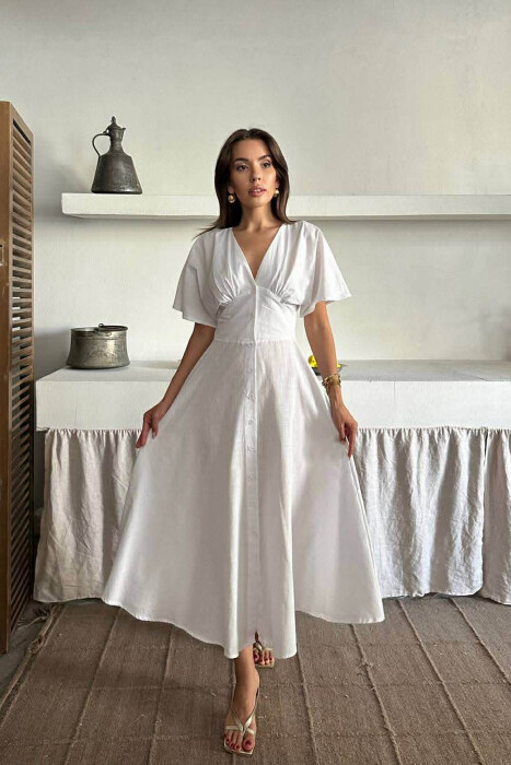 ONE COLOR BUTTONS V NECK WOMAN DRESS WHITE-E BARDHE 
