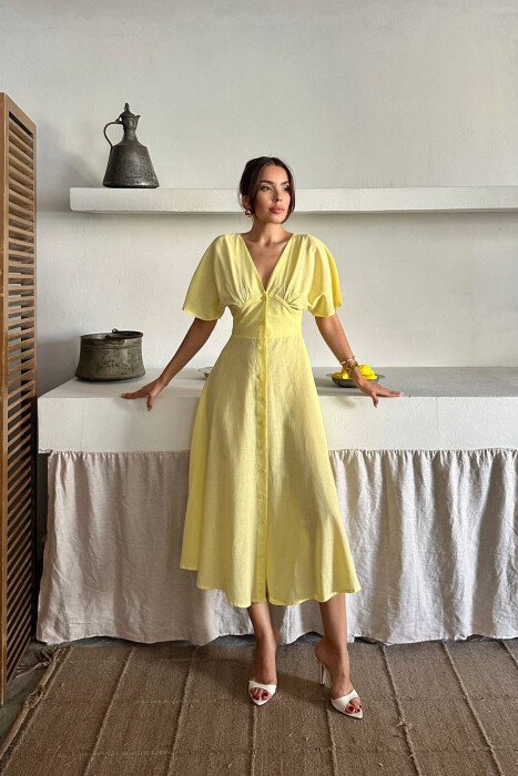ONE COLOR BUTTONS V NECK WOMAN DRESS YELLOW/E VERDHE - 2