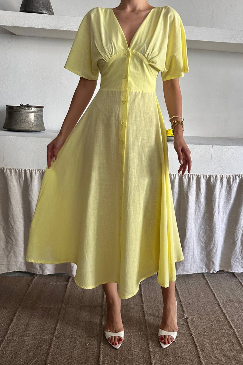 ONE COLOR BUTTONS V NECK WOMAN DRESS YELLOW/E VERDHE - 3
