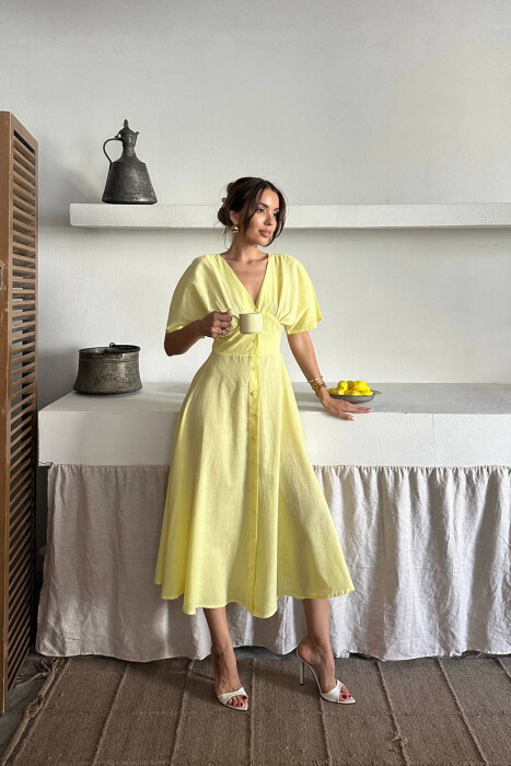 ONE COLOR BUTTONS V NECK WOMAN DRESS YELLOW/E VERDHE - 4