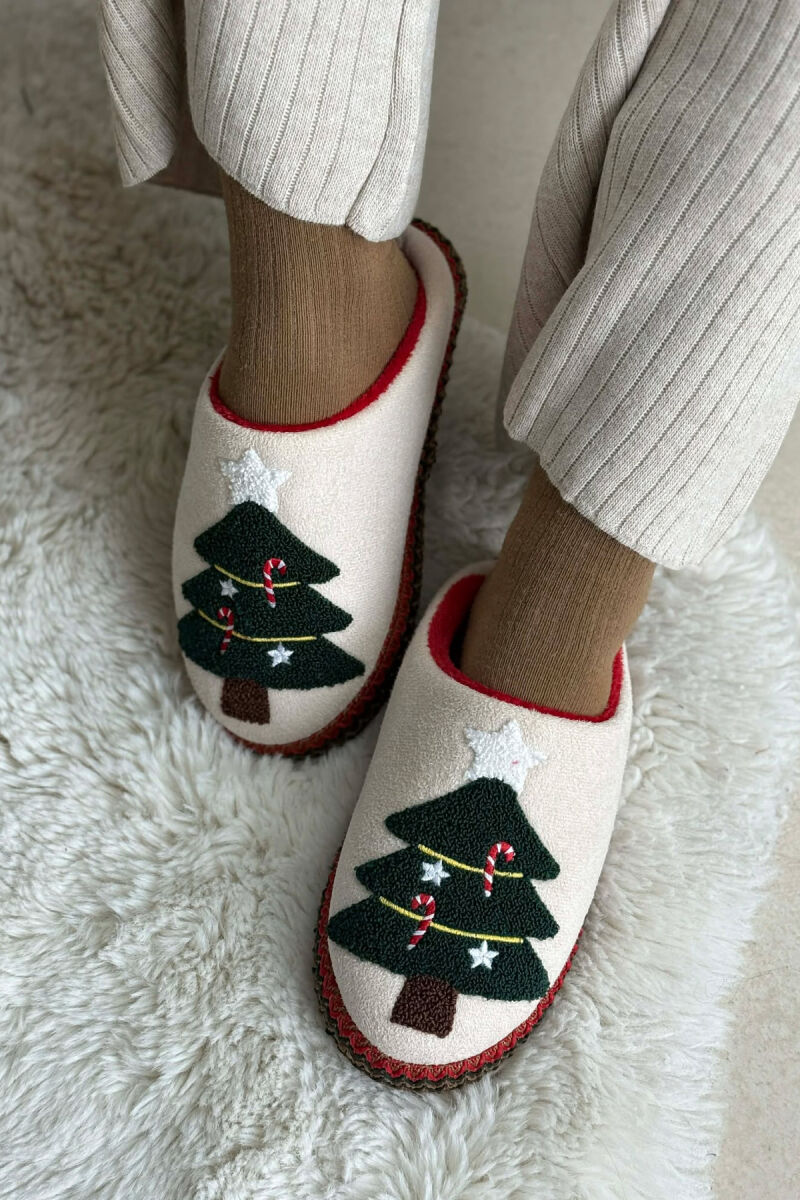 ONE COLOR CHRISTMAS TREE WOMAN SLIPPERS CREAM/KREM - 1