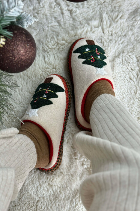 ONE COLOR CHRISTMAS TREE WOMAN SLIPPERS CREAM/KREM - 3