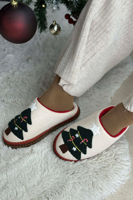 ONE COLOR CHRISTMAS TREE WOMAN SLIPPERS CREAM/KREM - 4