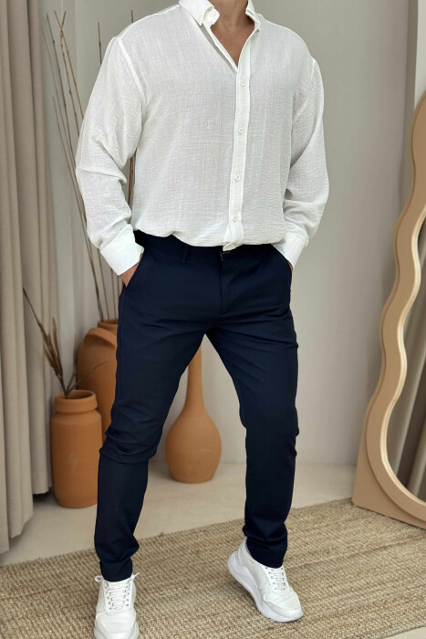 PANTALLONA KLASIKE NJË NGJYRËSHE PËR MESHKUJ NË NGJYRËN BLU E ERRËT 