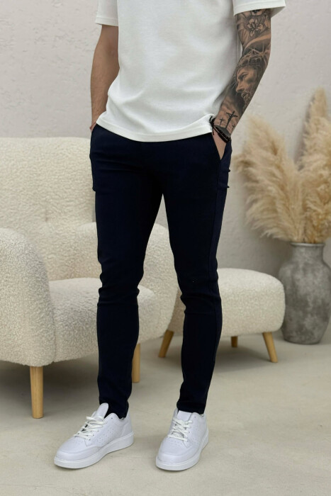 ONE COLOR CLASSIC SIMPLE MEN PANTS DARK BLUE/BEE - KLAUDIO FASHION