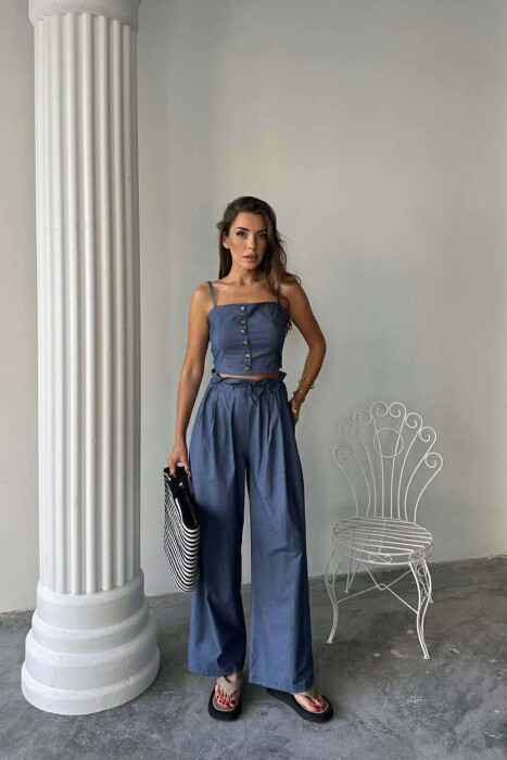 ONE COLOR CROP TOP+TROUSERS WOMEN SET BLUE/BLU - 