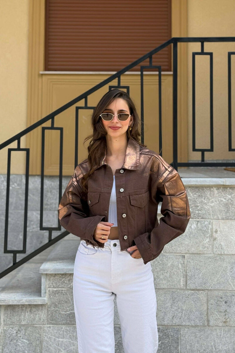 ONE COLOR CROPPED DENIM WOMEN JACKET BROWN/KAFE - 1