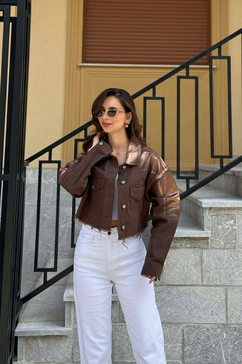 ONE COLOR CROPPED DENIM WOMEN JACKET BROWN/KAFE - 2