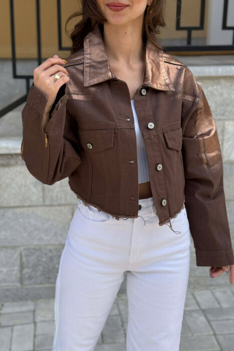 ONE COLOR CROPPED DENIM WOMEN JACKET BROWN/KAFE - 3