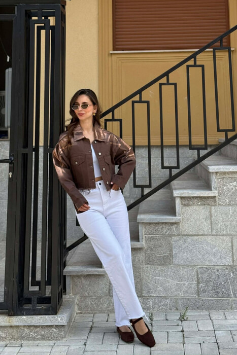 ONE COLOR CROPPED DENIM WOMEN JACKET BROWN/KAFE - 4