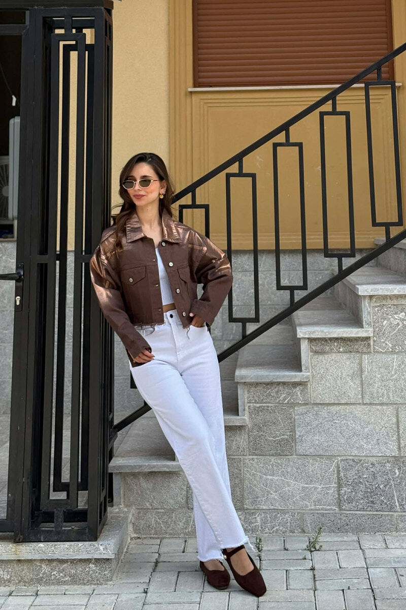 ONE COLOR CROPPED DENIM WOMEN JACKET BROWN/KAFE - 4