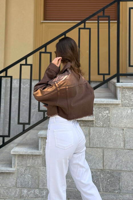ONE COLOR CROPPED DENIM WOMEN JACKET BROWN/KAFE - 5