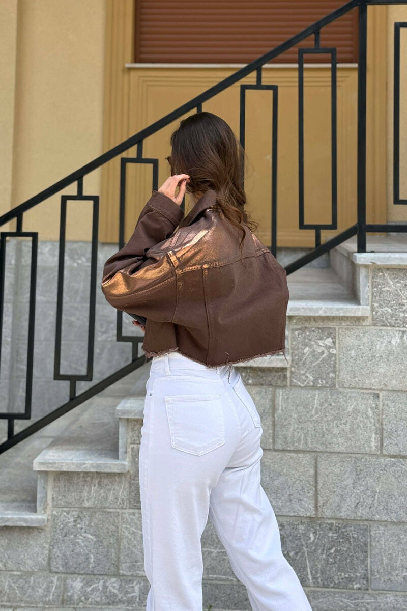 ONE COLOR CROPPED DENIM WOMEN JACKET BROWN/KAFE - 5